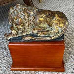 Majestic Gold Lion Sculpture on Wooden Base